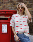 Cherry Pattern Fluffy Knit Polo Top in Cream