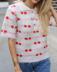 Cherry Pattern Fluffy Knit Polo Top in Cream