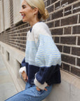 Colour Block Striped Fluffy Knit Jumper in Navy & Blue