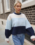 Colour Block Striped Fluffy Knit Jumper in Navy & Blue
