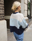 Colour Block Striped Fluffy Knit Jumper in Navy & Blue