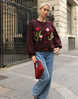 Hand-Knit Tulip Floral Patch Cardigan in Burgundy
