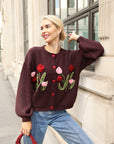 Hand-Knit Tulip Floral Patch Cardigan in Burgundy