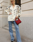 Sequin Floral Embellished Oversized Knit Cardigan in Cream