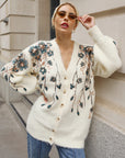 Sequin Floral Embellished Oversized Knit Cardigan in Cream