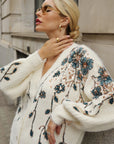 Sequin Floral Embellished Oversized Knit Cardigan in Cream