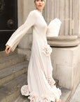 3D Floral Appliqué Pleated Maxi Dress with Statement Flare Sleeves