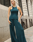 Pleated Cape Top, Vest & Wide Leg Trouser Set In Green