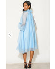 Ruffle Tie Neck Oversized Midi Dress In Blue