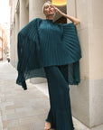 Pleated Cape Top, Vest & Wide Leg Trouser Set In Green
