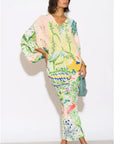 Leaves and Floral Scarf Pirnt Pleated Dress in Kimono sleeves in green