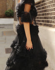 Statement Ruffle Tulle Tiered Maxi Skirt in Black