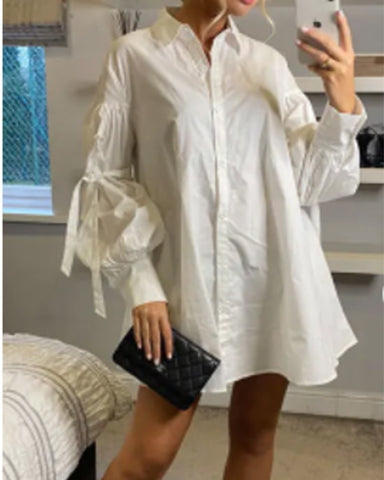 Oversized Ballon sleeves with tie up cotton blend shirt dress in white
