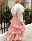 Statement Ruffle Tulle Tiered Maxi Skirt in Pink