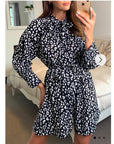 Long Sleeve Shirt Dress with Tie Waist in Black and White Print
