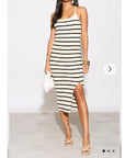 Knitted Stripe Print With Straps Design Midi Bodycon Dress