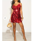 Circle Disc Sequin Strappy Short Dress in Red