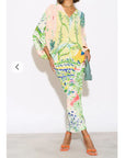 Leaves and Floral Scarf Pirnt Pleated Dress in Kimono sleeves in green