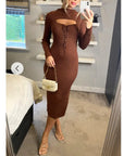Lace up and cut out design Metallic midi bodycon dress in Brown