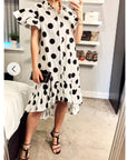 Polka Dot print dip hem dress with frill sleeves design in black white color
