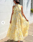 Multi floral print Organza feeling Halter neck maxi dress in yellow