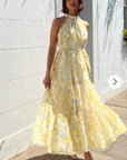 Multi floral print Organza feeling Halter neck maxi dress in yellow