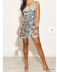 Circle Disc Sequin Strappy Short Dress in Sliver