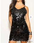 Circle Disc Sequin Strappy Short Dress in Black