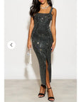 Multi Diamond Sequin Maxi Dress in Black