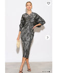 Metallic Print Pleated Dress in Kimono sleeves in Sliver