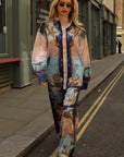 Ocean Treasure Print Shirt & Wide-Leg Trousers Suits In Blue