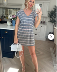 Short Sleeve V Neck Mini Dress In Grey Stripe