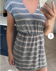 Short Sleeve V Neck Mini Dress In Grey Stripe