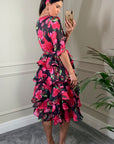 Floral Print Ruffl Multi Layer Hem design Dress in Pink