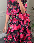 Floral Print Ruffl Multi Layer Hem design Dress in Pink