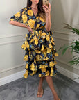 Floral Print Ruffl Multi Layer Hem design Dress in Yellow