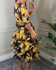 Floral Print Ruffl Multi Layer Hem design Dress in Yellow