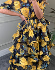 Floral Print Ruffl Multi Layer Hem design Dress in Yellow