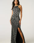 Multi Diamond and Pearl Embellished Open Back Maxi Dress