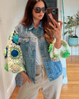 Handknit Floral Patten Sleeves Denim Jacket in Green