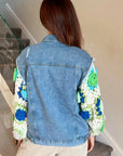 Handknit Floral Patten Sleeves Denim Jacket in Green