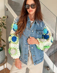 Handknit Floral Patten Sleeves Denim Jacket in Green