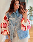 Handknit Floral Patten Sleeves Denim Jacket in Pink