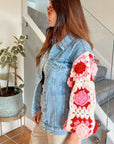 Handknit Floral Patten Sleeves Denim Jacket in Pink