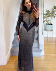 Multi Diamond Embellished long sleeves maxi dress in black