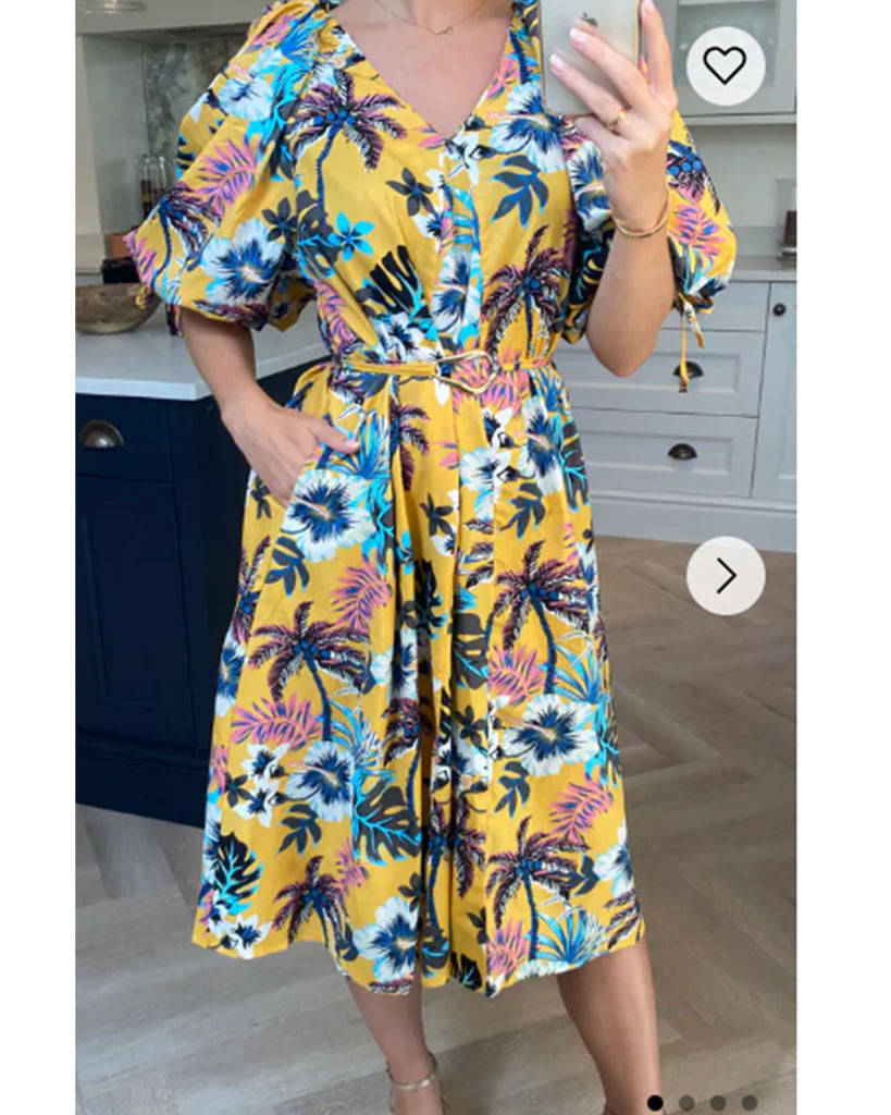 Oversized puff sleeve midi dress in Multi color floral print