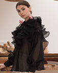 Multi Layer ruffles design sheer organza shirt in black