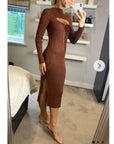 Lace up and cut out design Metallic midi bodycon dress in Brown