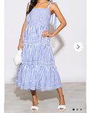 BLUE Stripe Print Comfort Cotton Blend Midi Dress