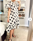 Polka Dot print dip hem dress with frill sleeves design in black white color